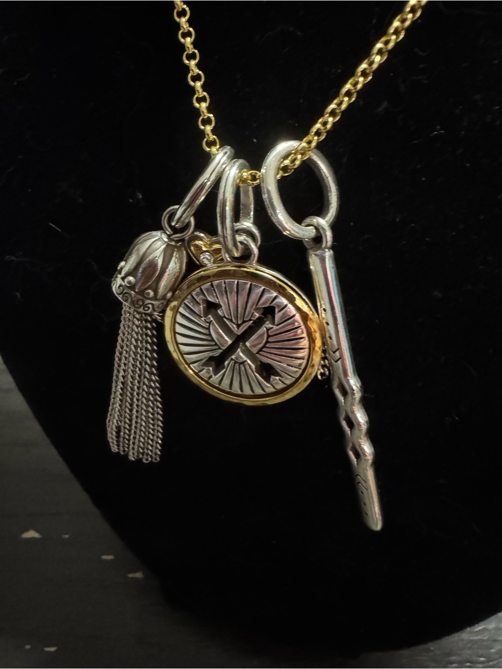 Brighton Gold & Silver Mixed Metal Charm Necklace with Tassel and Bar Pendant